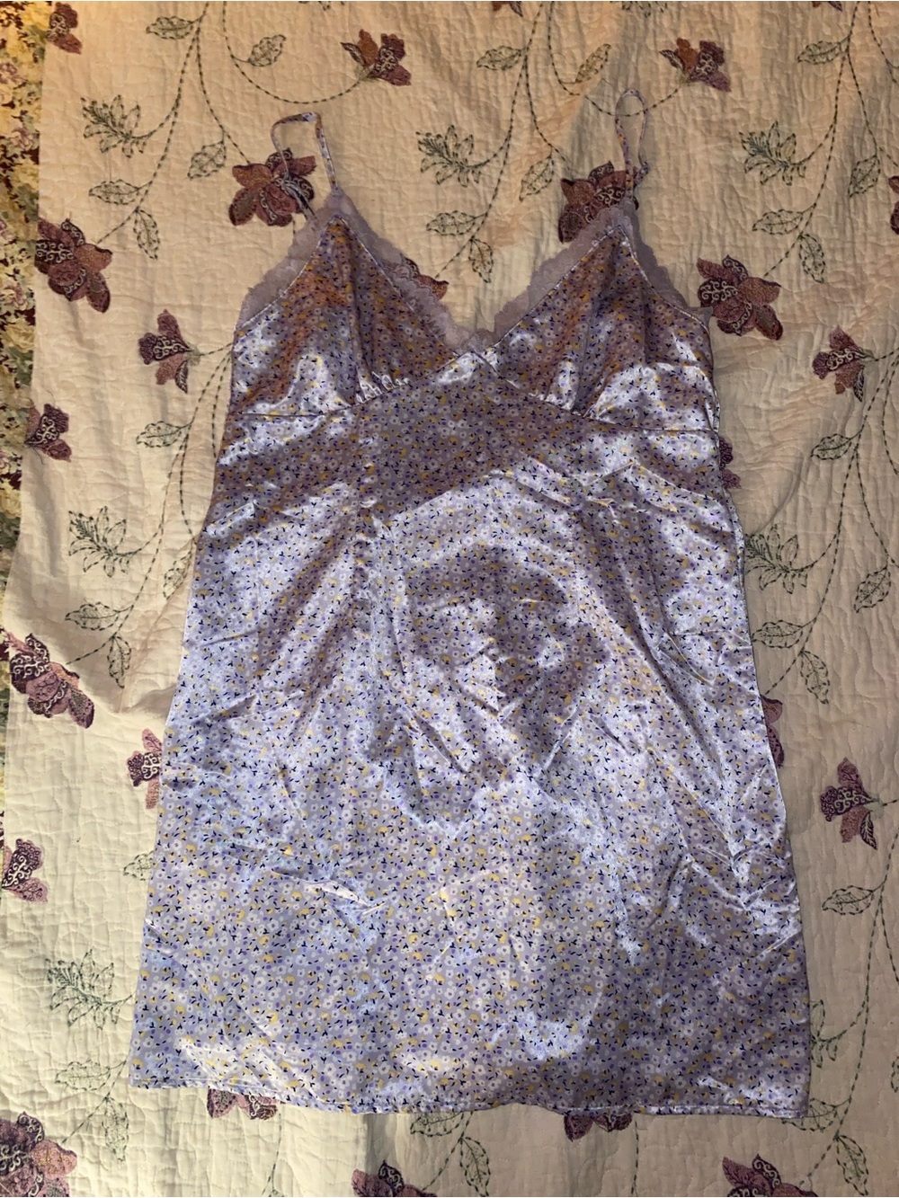 Lace Trim Satin Chemise Slip - Lavender and Yellow Floral